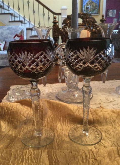 Ruby Red Cut To Clear Crystal Bohemian Wine Glasses Set Of 2 Etsy