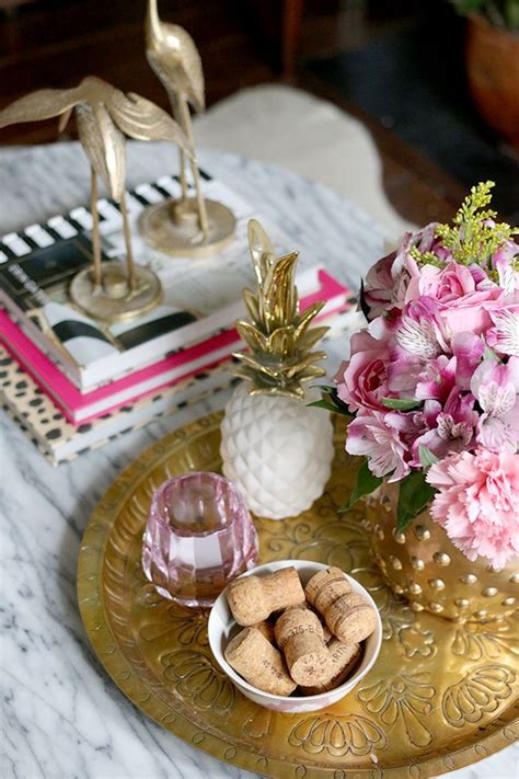 Coffee Table Styling Brass Cranes Marble Coffee Table Pink Flowers