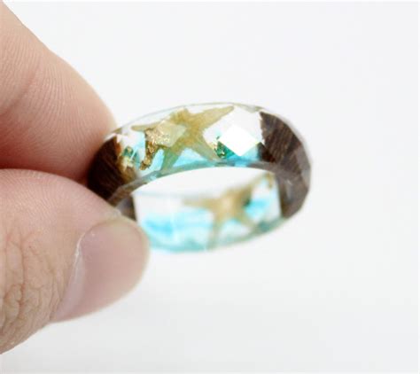 Real Seashell Resin Ring Faceted Ring With Gold Flakes Ocean Ring
