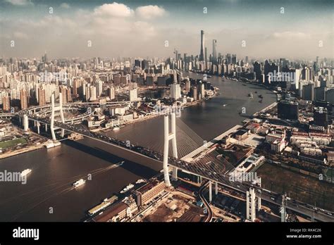Shanghai Nanpu Bridge Over Huangpu River With Busy Traffic In China
