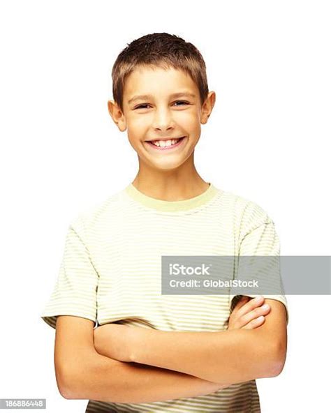 Happy Cute Kid With Arms Crossed Over White Stock Photo Download