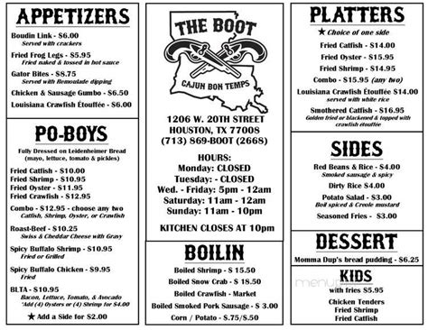 Online Menu Of The Boot Houston Tx