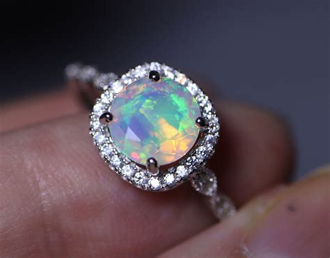 Opal Bridal Set Halo Opal Ring Cushion Halo Ring Genuine Opal Art