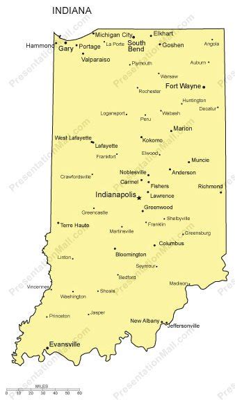 Indiana Outline Map With Capitals And Major Cities Digital Vector