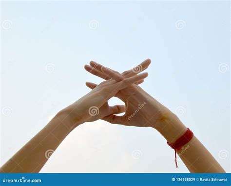 Demonstrating Hand Mudra Or A Yoga Postures Stock Image Image Of