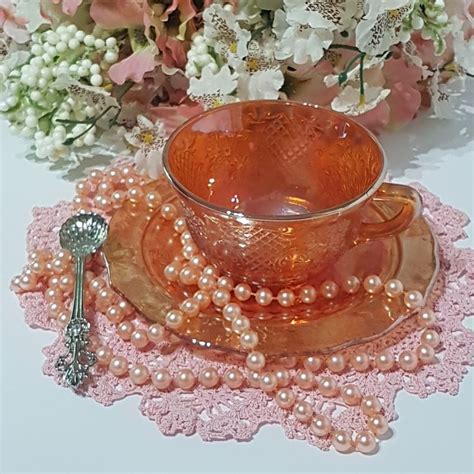 Federal Glass Normandie Marigold Iridescent Carnival Glass Tea Cup And Saucer Bouquet And