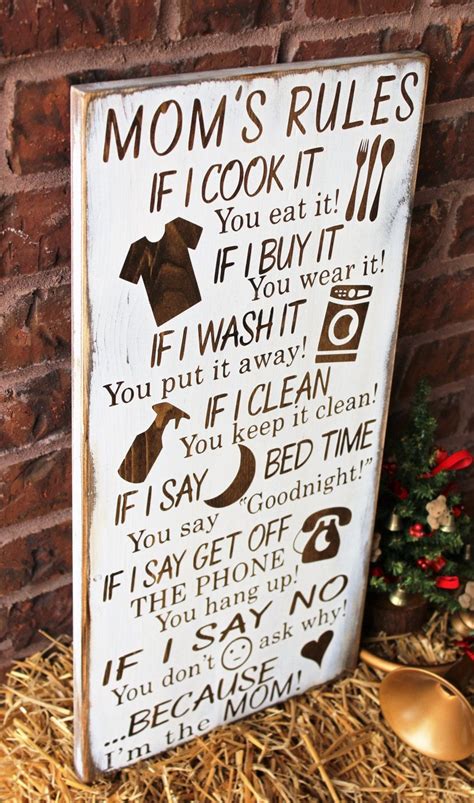 Homemade gifts for mom's birthday or mother's day. Mom's Rules Rustic Wood Sign Gift For Mother Because I ...