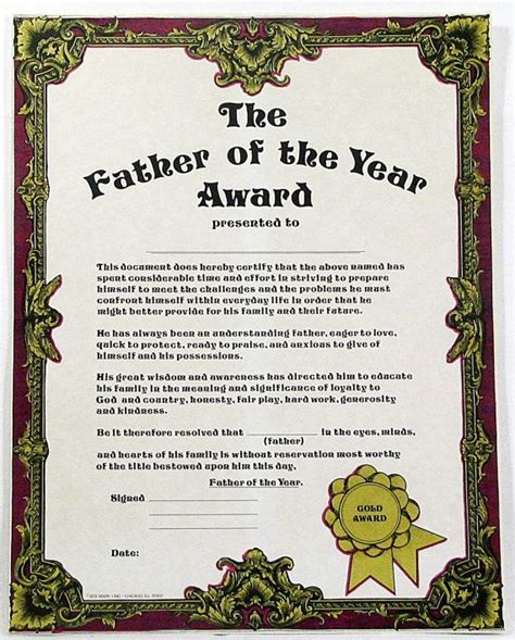 Father Of The Year Award Certificate Parchment Paper Original Envelope