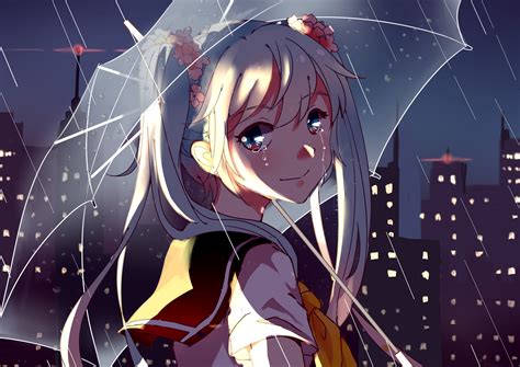 Anime Girls Tears Rain Umbrella Twintails School Uniform