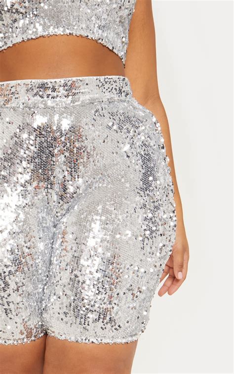 Silver Sequin Cycle Shorts Plus Size Prettylittlething