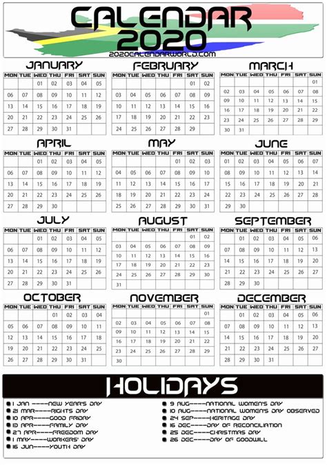 Printable Calendar South Africa 2020 South Africa Holidays Calendar