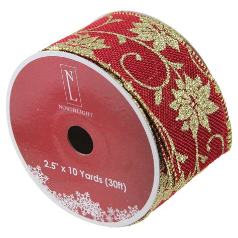 Cranberry Red And Gold Poinsettia Christmas Wired Craft Ribbon 25 X