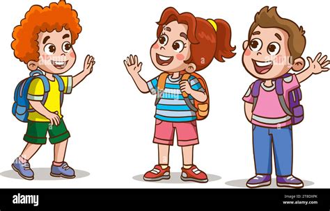 Little Kids Say Hello To Friend And Go To School Together Stock Vector