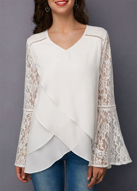 white lace panel asymmetric hem blouse usd 32 06 ladies tops fashion fashion