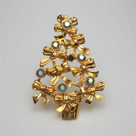 Vintage 1990s Avon Christmas Tree Brooch Gold With Blue Ab Rhinestone