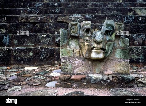 têtes de pierre au pied d un temple à yaxchilan une cité maya dans la jungle mexicaine photo