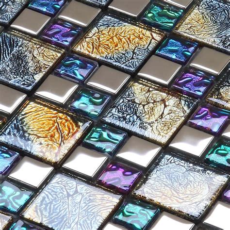 Iridescent Mosaic Tile Plated Crystal Glass Backsplash
