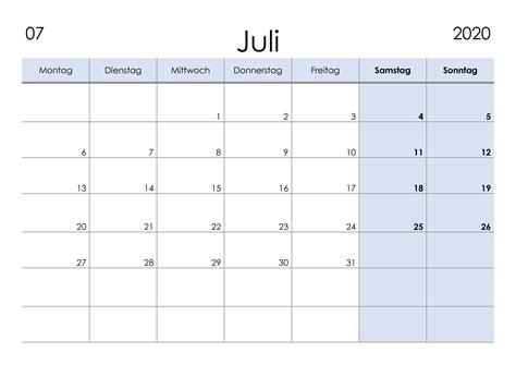 Kalender Juli 2020 Kleine Ziffern Im Querformat Kalendersu