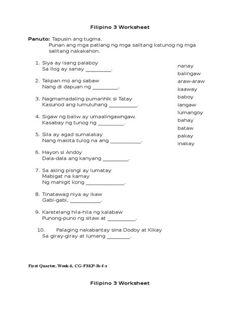 Filipino Worksheets For Kindergarten