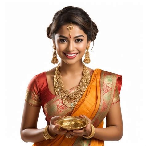 une belle fille indienne traditionnelle porte un sari pooja thali sur un fond blanc photo premium