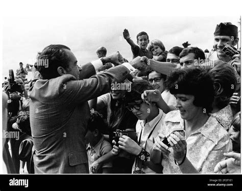President Richard Nixon Greets A Crowd After Arriving At Laredo Air Force Base Airport In Texas
