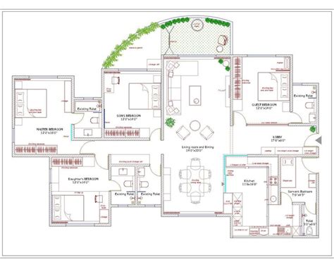 4bhk House Plan Drawing Includeds 4 Bedrooms 1 Hall 1 Kitchen The