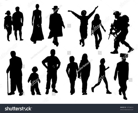 Various Silhouettes Including Man, Woman, Child, Soldier, Dancer Stock ...