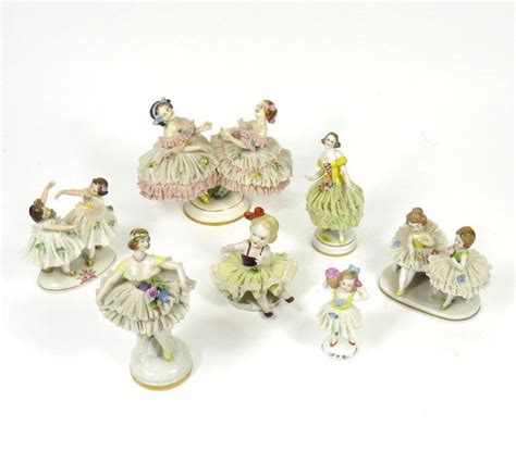 Antique Lot Of 7 Dresden Lace Victorian Ballerina Dancers Porcelain