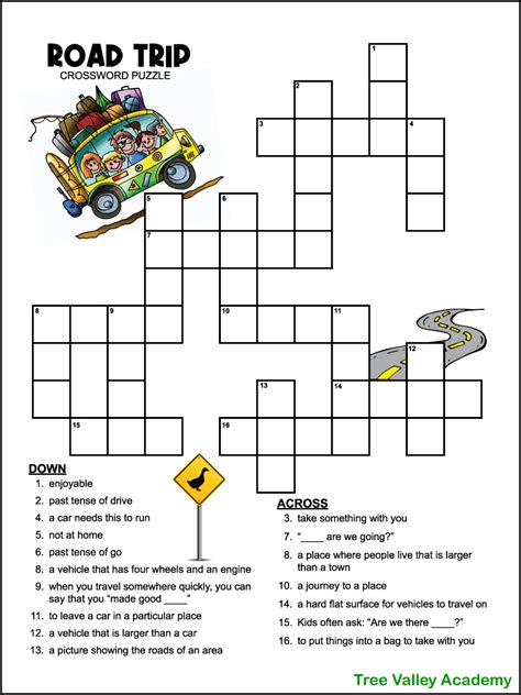 Easy Road Trip Crossword Puzzle For Kids Tree Valley Academy