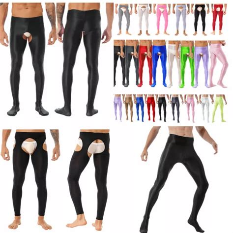 Mens Wetlook Open Crotch High Waist Pantyhose Shiny Stockings Glossy