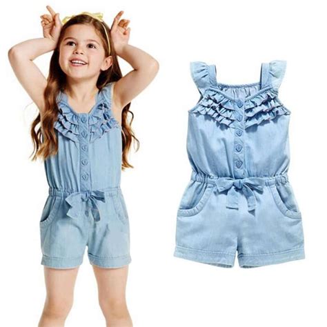 Girls Rompers Denim Blue Washed Jeans Sleeveless Bow Jumpsuits Kidz