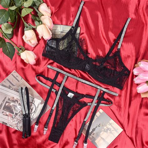 4pcs Womens Lingerie Sets Bra Panties Sexy Sheer Floral Lace Rhinestones Strap Ebay