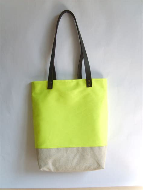 Neon Yellow Tote Bag Leather Handles Beach Bag Large Summer Etsy