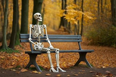 Premium Photo Autumn Forest And Human Skeleton Sitting On Bench Skeletons Relax