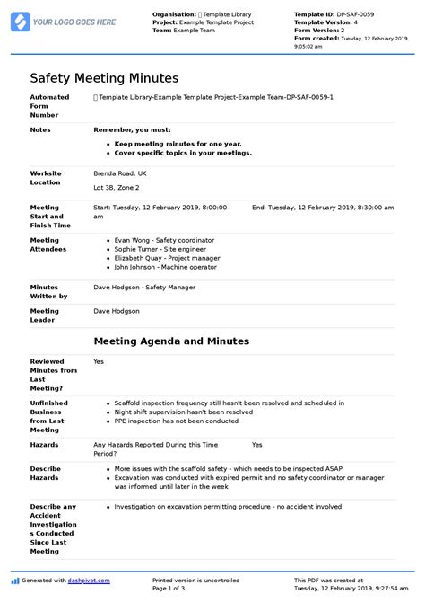 Safety Meeting Minutes Template Free To Use And Better Than Pdf