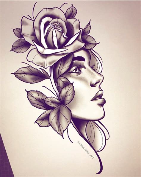 adam obrien on instagram neotraditional neotrad girl women face rose tattoo design graphic