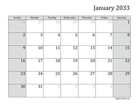 2033 Monthly Calendar