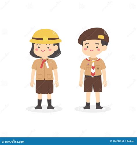 Indonesian Pramuka Scout Elementary School Uniform Kids Cartoon Vector