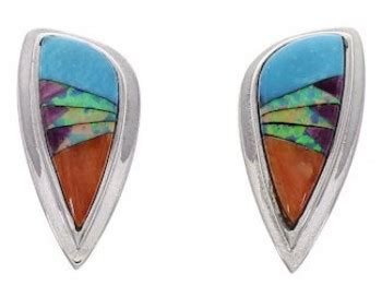 Southwest Multicolor Inlay Silver Earrings EX32260