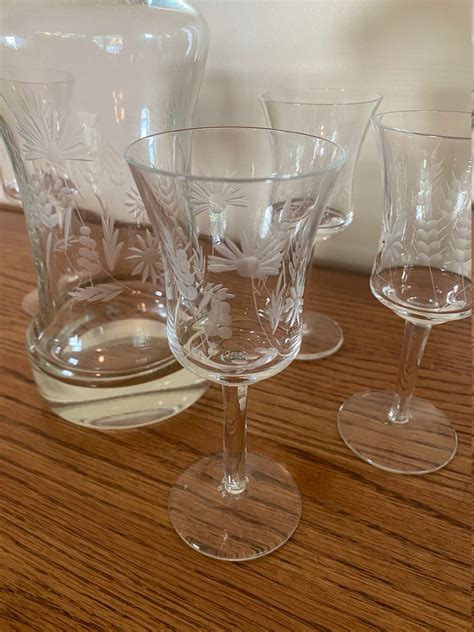 Romanian Vintage Etched Crystal Decanter And Six Wine Glasses Etsy