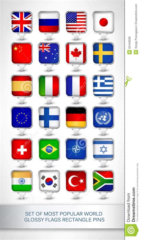 Set Of Most Popular World Glossy Flags Rectangle Pins Stock Vector