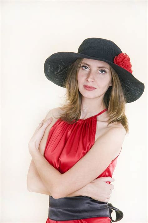The Lady In Red Dress And Hat Stock Image Image Of Caucasian Hair
