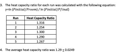 Solved 3 The Heat Capacity Ratio For Each Run Was Chegg Com