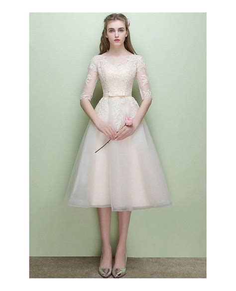 Lace Half Sleeve Light Champagne Wedding Reception Dress Tea Length
