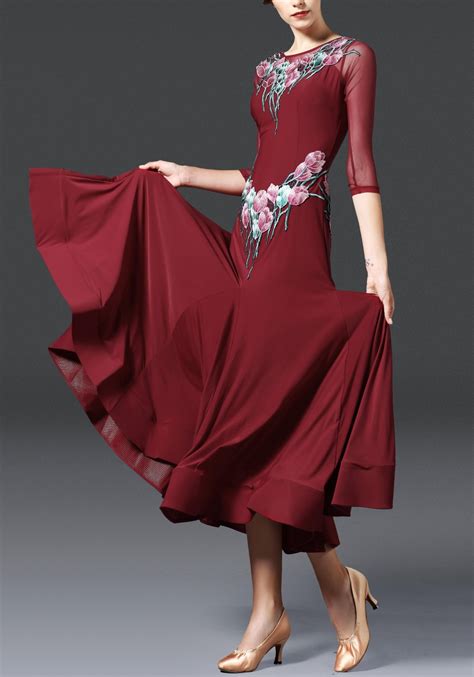 Burgundy Floral Luxury Crepe Ballroom Smooth Practice Dance Dress