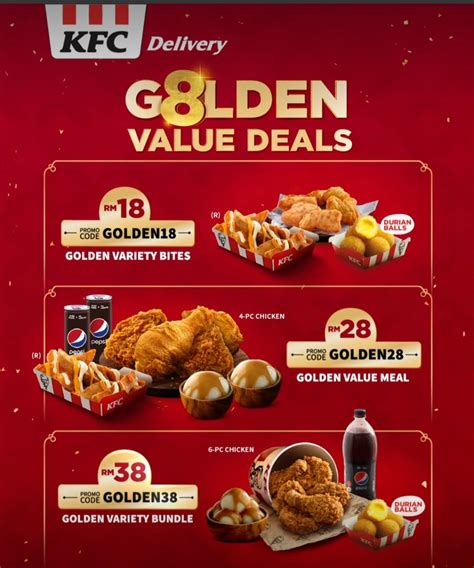 This promotion has no minimum spend and no maximum discount. KFC G8LDEN Value Deals Promo Code