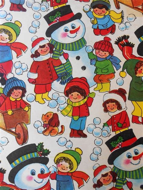 Vintage Christmas Wrapping Paper Children Snow Play Snowman Etsy