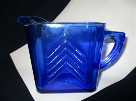 Chevron Hazel Atlas Cobalt Blue Depression Glass Milk Jug Creamer