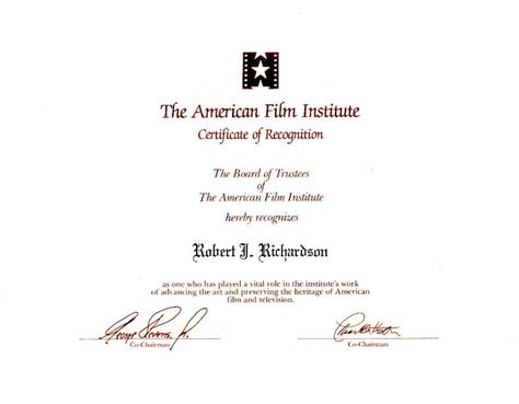 Bob Richardson American Film Institute Certificate Of Recognition