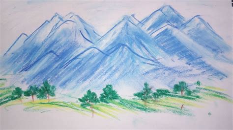Mountains Drawing In Simple Steps Oil Pastel Drawing Easy Scenery